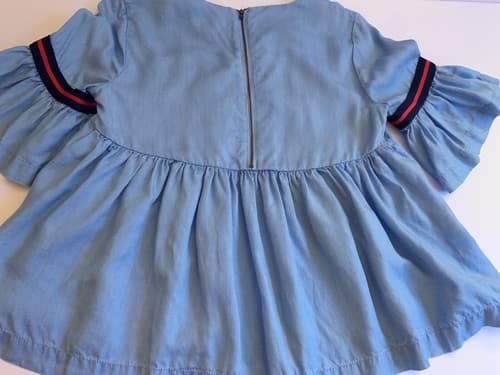 Crown & Ivy Petite Babydoll Top Denim Blue Red Stripe PP Flowy Bell Sleeve Shirt - Thumbnail 4
