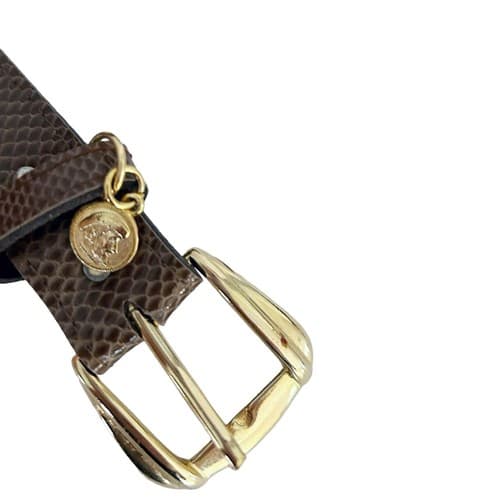 Vintage 1980 Snakeskin Look Belt Brown Gold Skinny Coin Charm Retro Regency Fall - Thumbnail 3