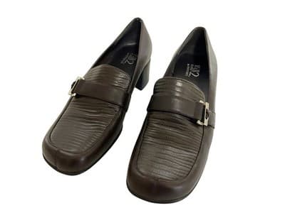 Size 9.5 Genuine Textured LEATHER Brown Square Toe Y2K Shoes Chunky Block Heel - Thumbnail 2