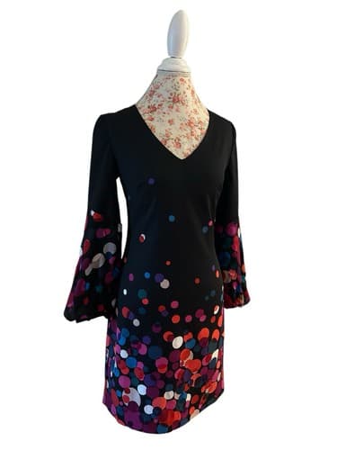 Trina Turk Black Pink Red Teal Silk Balloon Bell Sleeve Dress 4 Lace Lined Slip - Thumbnail 2