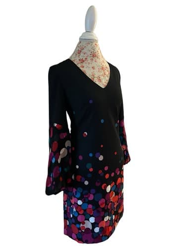 Trina Turk Black Pink Red Teal Silk Balloon Bell Sleeve Dress 4 Lace Lined Slip - Thumbnail 5