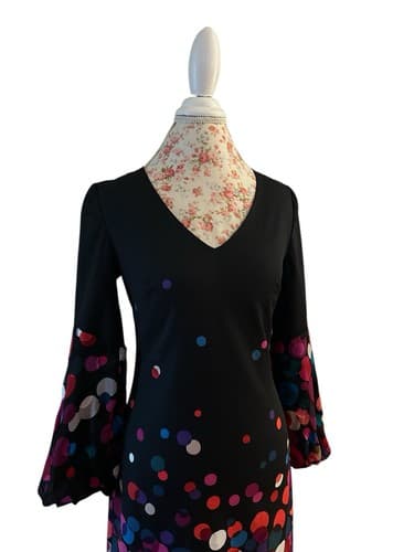 Trina Turk Black Pink Red Teal Silk Balloon Bell Sleeve Dress 4 Lace Lined Slip - Thumbnail 3