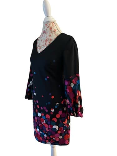 Trina Turk Black Pink Red Teal Silk Balloon Bell Sleeve Dress 4 Lace Lined Slip - Thumbnail 4