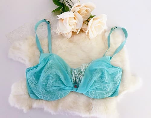 Victoria’s Secret 34D Bra Pastel Aqua Blue Chiffon Overlay Lace Lingerie Push Up - Thumbnail 3