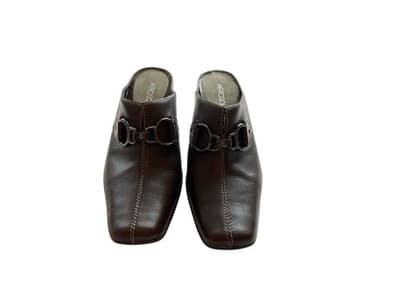 Sz 8 Horsebit Y2K Square Toe Brown Leather Clogs Slip On Chunky Heel Mules Shoes - Thumbnail 2