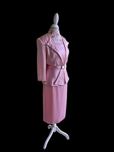 Vintage 1980’s Wiggle Dress Pink Satin Rhinestone Belt Holiday Avant Garde 40’s - Thumbnail 7