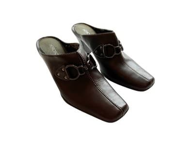 Sz 8 Horsebit Y2K Square Toe Brown Leather Clogs Slip On Chunky Heel Mules Shoes - Thumbnail 11