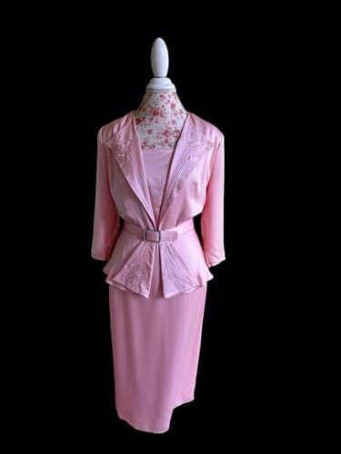 Vintage 1980’s Wiggle Dress Pink Satin Rhinestone Belt Holiday Avant Garde 40’s - Thumbnail 3