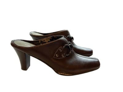 Sz 8 Horsebit Y2K Square Toe Brown Leather Clogs Slip On Chunky Heel Mules Shoes - Thumbnail 3