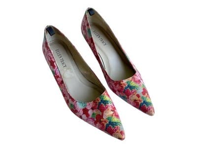 Y2K Vintage Pink & Aqua Cottagecore Floral Snakeskin Kitten Heel Shoe 7.5 - Thumbnail 2