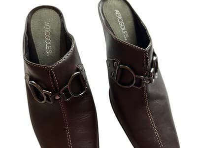 Sz 8 Horsebit Y2K Square Toe Brown Leather Clogs Slip On Chunky Heel Mules Shoes - Thumbnail 6