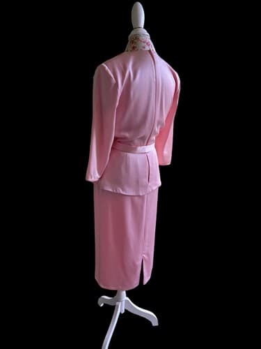 Vintage 1980’s Wiggle Dress Pink Satin Rhinestone Belt Holiday Avant Garde 40’s - Thumbnail 5