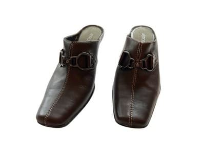 Sz 8 Horsebit Y2K Square Toe Brown Leather Clogs Slip On Chunky Heel Mules Shoes - Thumbnail 10
