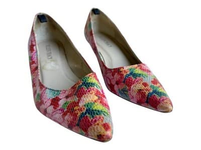 Y2K Vintage Pink & Aqua Cottagecore Floral Snakeskin Kitten Heel Shoe 7.5 - Thumbnail 4