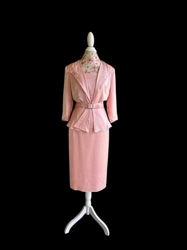 Vintage 1980’s Wiggle Dress Pink Satin Rhinestone Belt Holiday Avant Garde 40’s - Thumbnail 10