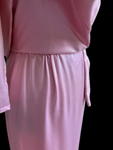 Vintage 1980’s Wiggle Dress Pink Satin Rhinestone Belt Holiday Avant Garde 40’s - Thumbnail 6