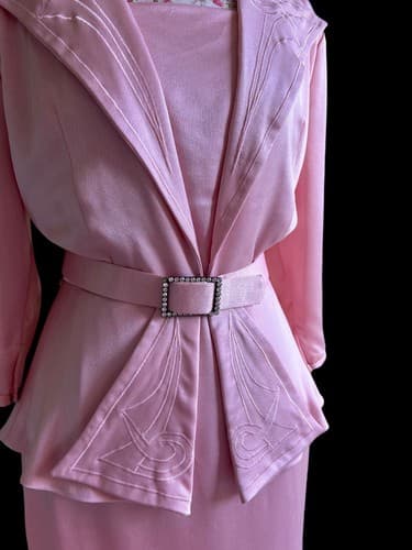 Vintage 1980’s Wiggle Dress Pink Satin Rhinestone Belt Holiday Avant Garde 40’s - Thumbnail 2