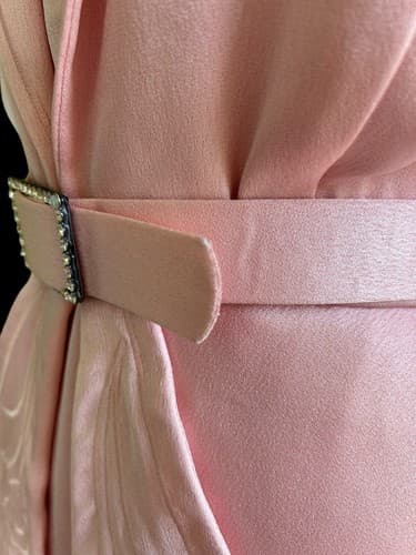 Vintage 1980’s Wiggle Dress Pink Satin Rhinestone Belt Holiday Avant Garde 40’s - Thumbnail 8