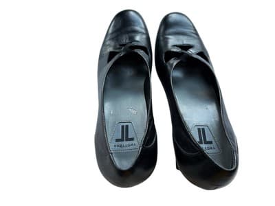 7.5N NARROW Black Leather Trotters Kitten Heel Shoes Criss Cross Strap Mary Jane - Thumbnail 6