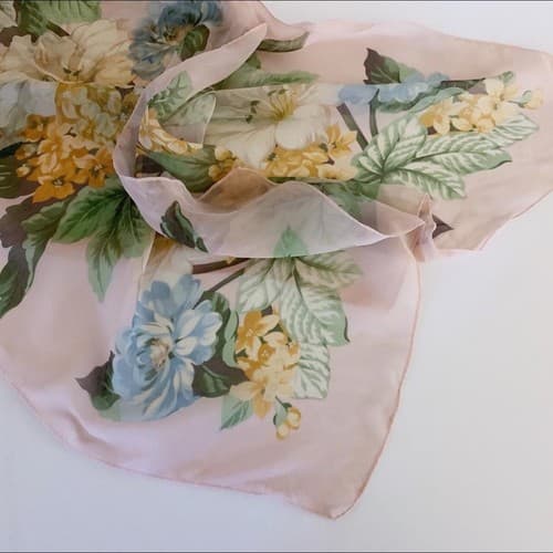 Vintage Long Sheer Chiffon Pastel Yellow & Aqua Floral Print - Thumbnail 4