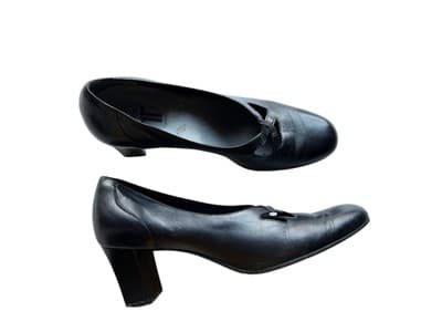 7.5N NARROW Black Leather Trotters Kitten Heel Shoes Criss Cross Strap Mary Jane - Thumbnail 7