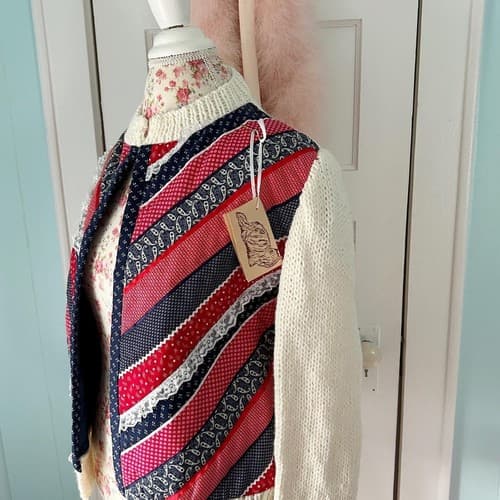 Vintage Handmade Sweater Red Blue Cream Star Print Quilted Cotton Cardigan Boho - Thumbnail 7