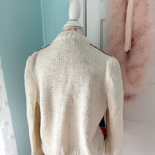 Vintage Handmade Sweater Red Blue Cream Star Print Quilted Cotton Cardigan Boho - Thumbnail 6