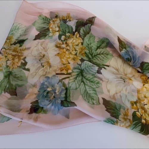 Vintage Long Sheer Chiffon Pastel Yellow & Aqua Floral Print - Thumbnail 3