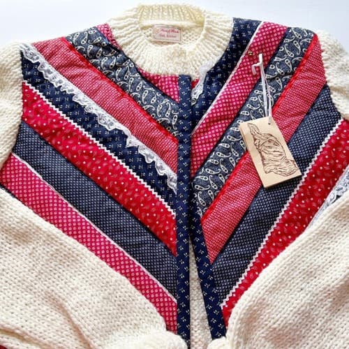 Vintage Handmade Sweater Red Blue Cream Star Print Quilted Cotton Cardigan Boho - Thumbnail 2
