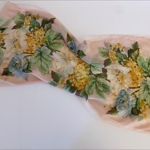 Vintage Long Sheer Chiffon Pastel Yellow & Aqua Floral Print - Thumbnail 2