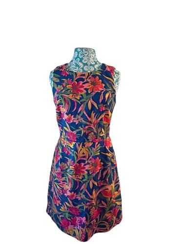 J Crew Dress Floral Size 6 Cotton Pink Navy Yellow Tropical Print Flattering Fit - Thumbnail 2