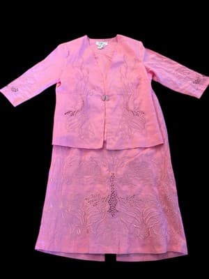 Pink Linen Skirt Suit Jacket Rhinestone Closure Embroidered Easter Spring Set - Thumbnail 2