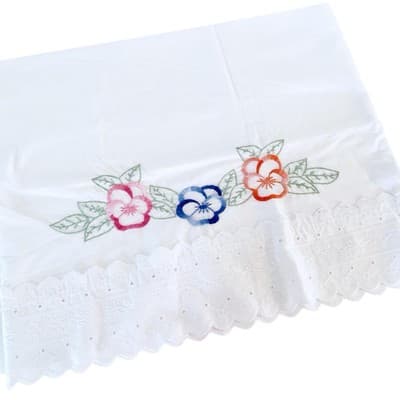 JC PENNEY Pillowcase Set Pair Embroidered Pink & Blue Flowers English Cottage - Thumbnail 2