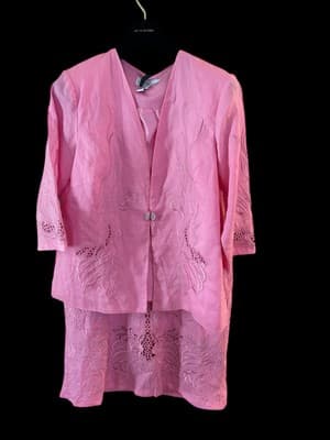 Pink Linen Skirt Suit Jacket Rhinestone Closure Embroidered Easter Spring Set - Thumbnail 9