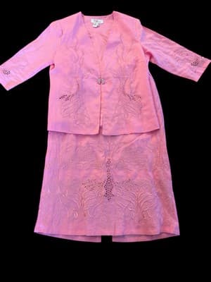 Pink Linen Skirt Suit Jacket Rhinestone Closure Embroidered Easter Spring Set - Thumbnail 3