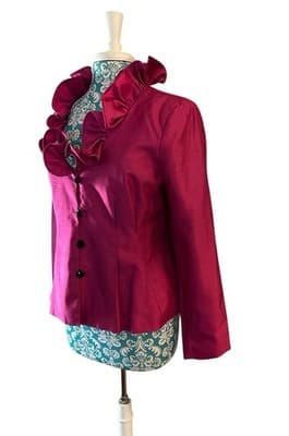 Vintage Pink Ruffled Jacket NWT 1990’s Glam Evening Blouse Jet Black Buttons - Thumbnail 3