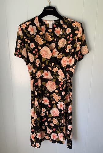Vintage Women’s Dress Liz Claiborne Fall Floral Faux Wrap Pastel Pink Roses - Thumbnail 2