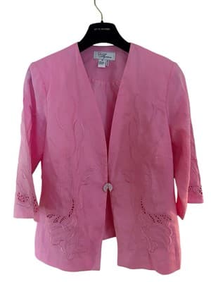 Pink Linen Skirt Suit Jacket Rhinestone Closure Embroidered Easter Spring Set - Thumbnail 11