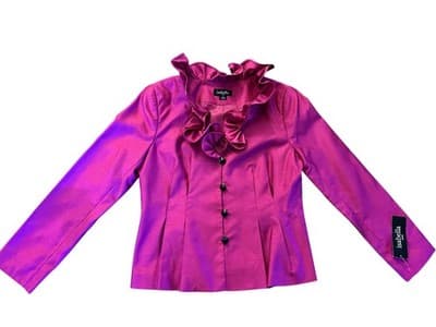 Vintage Pink Ruffled Jacket NWT 1990’s Glam Evening Blouse Jet Black Buttons - Thumbnail 6