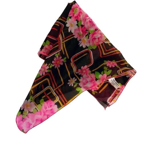 Vintage 1960’s Nylon Square Scarf Brown Floral Daisy Print Pink Green Retro - Thumbnail 2