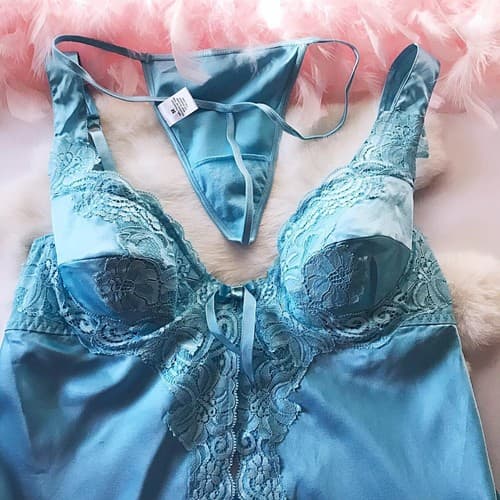 Vintage Blue Lace Set Lingerie Fredericks Of Hollywood Chemise Panty Top M - Thumbnail 4