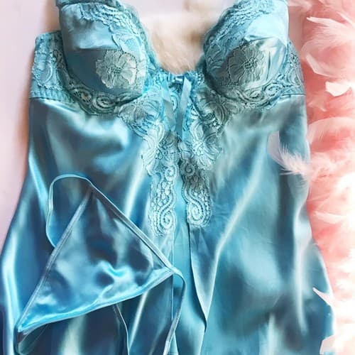 Vintage Blue Lace Set Lingerie Fredericks Of Hollywood Chemise Panty Top M - Thumbnail 3
