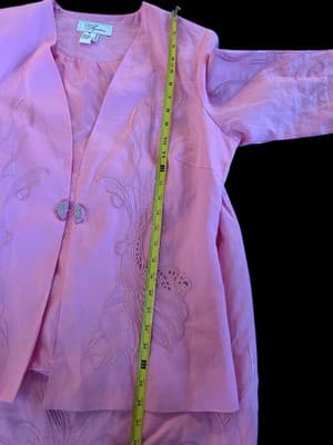 Pink Linen Skirt Suit Jacket Rhinestone Closure Embroidered Easter Spring Set - Thumbnail 5