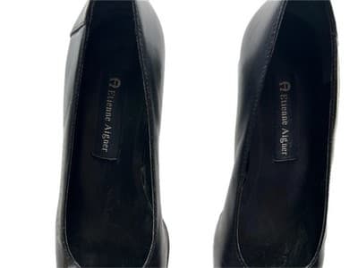 7.5 Aigner Soft Black Leather Women’s Chunky Kitten Heel Shoes Y2K Old Money - Thumbnail 5