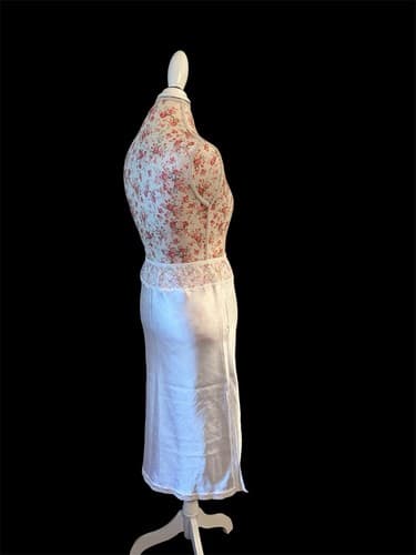 Vintage White Slippery Satin Slip Skirt Sheer Floral Lace Waist Sexy Shiny - Thumbnail 3