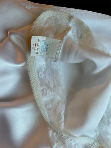 Vintage White Slippery Satin Slip Skirt Sheer Floral Lace Waist Sexy Shiny - Thumbnail 5