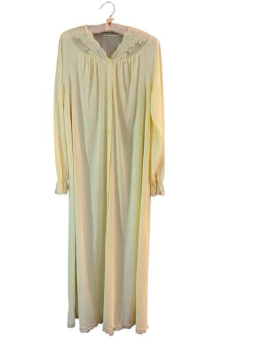 Vintage Yellow Shadowline Long Robe Sheer Chiffon Accents Embroidered Roses S - Thumbnail 9