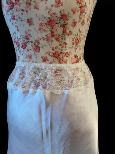 Vintage White Slippery Satin Slip Skirt Sheer Floral Lace Waist Sexy Shiny - Thumbnail 4