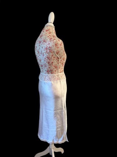 Vintage White Slippery Satin Slip Skirt Sheer Floral Lace Waist Sexy Shiny - Thumbnail 6