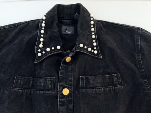 Vintage Liz Claiborne Jacket Black Denim Jean With Pearl Collar - Thumbnail 2